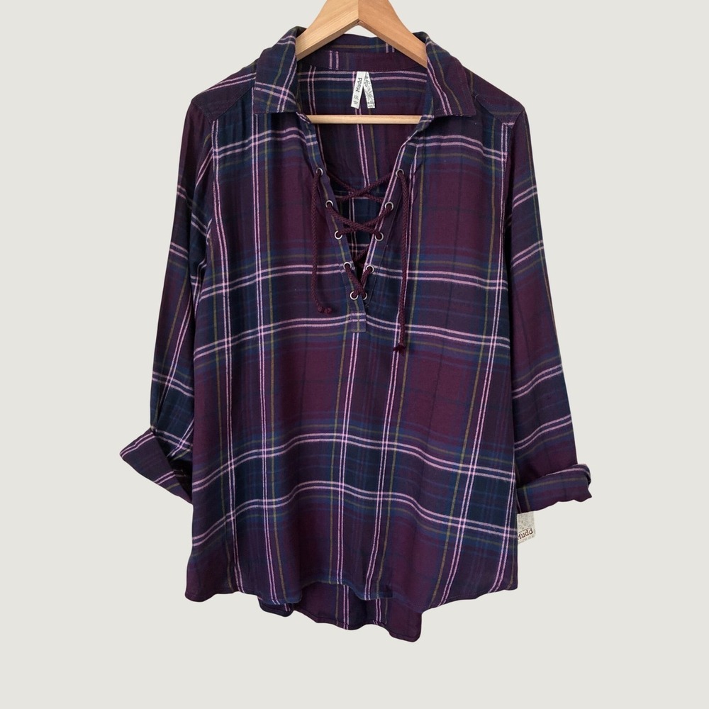 Mudd Womens Purple Plaid Lace Up V-Neck Long Sleeve Shirt XXL NWT Casual Neutral